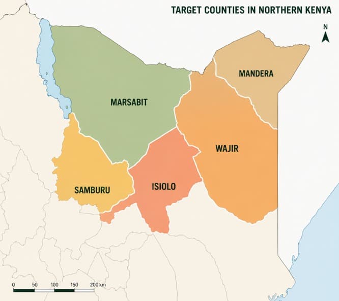 Map of SPACE Kenya's target counties — Marsabit, Isiolo, Samburu, Wajir, and Mandera in Northern Kenya